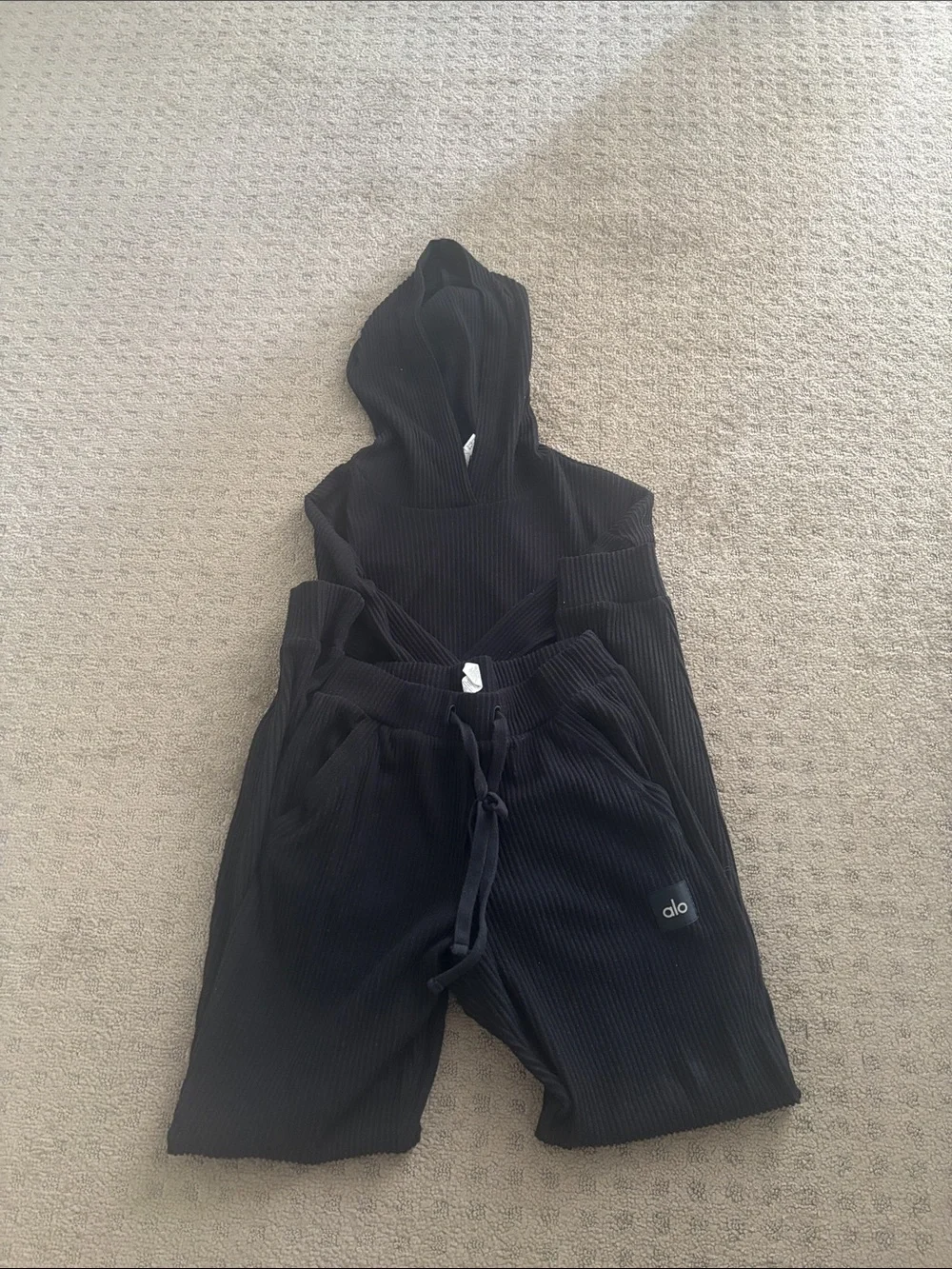 ALO Yoga Black Cropped Ribbed Hoodie Top
